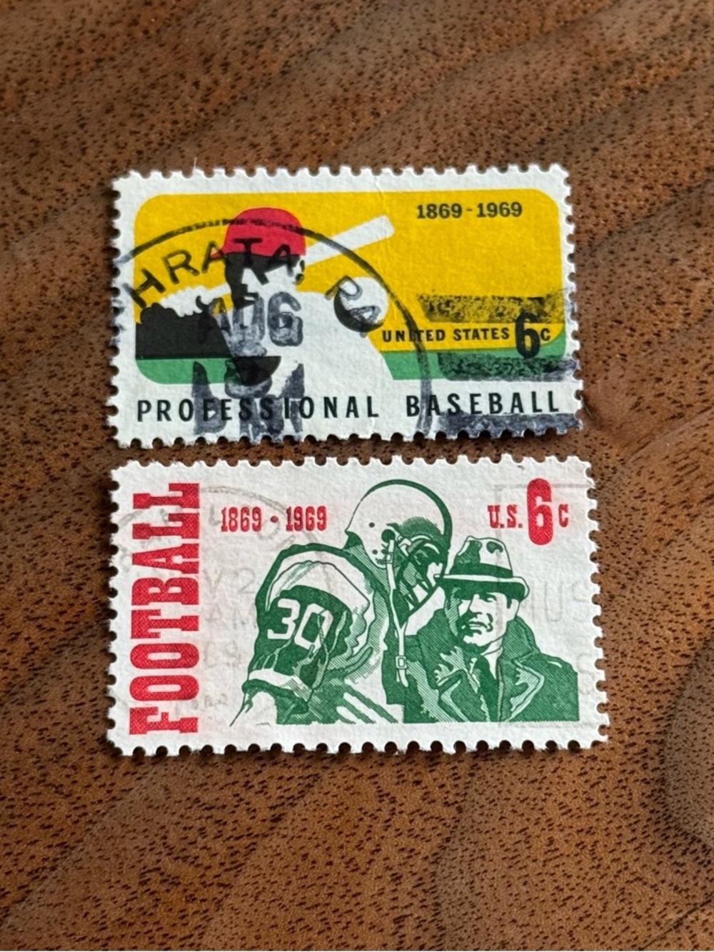 Vintage - 1969 6c Professional Baseball & College Football Sports Stamps Set
